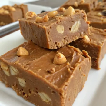 Step-by-step process of making peanut butter fudge in a saucepan with melted ingredients.