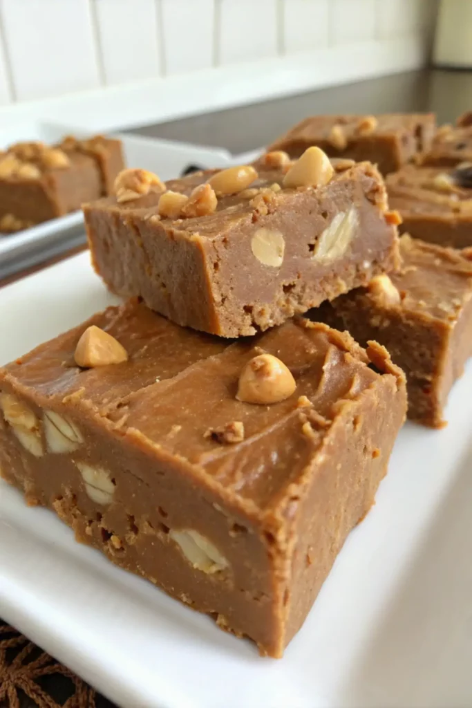Step-by-step process of making peanut butter fudge in a saucepan with melted ingredients.