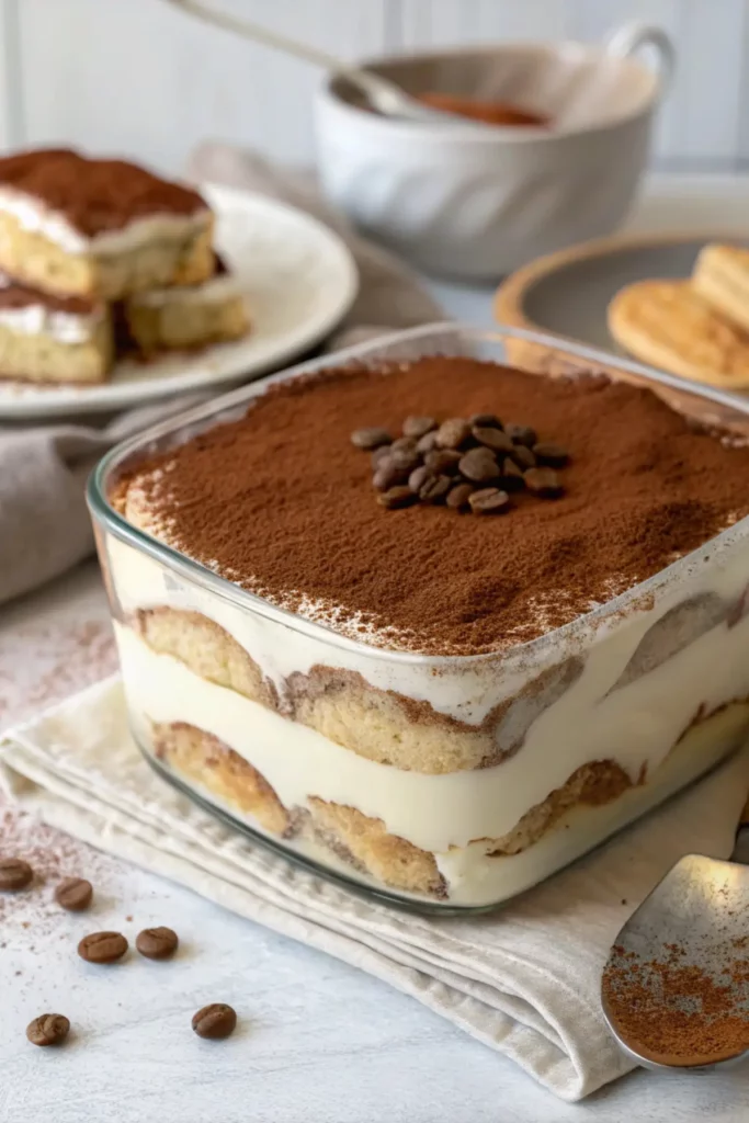 Step-by-step preparation of Traditional Italian Tiramisu: layering coffee-dipped ladyfingers and mascarpone cream in a dish.