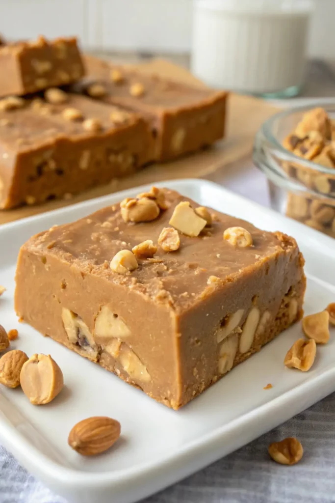 Ingredients for peanut butter fudge: peanut butter, sugar, butter, and vanilla extract arranged on a wooden table.