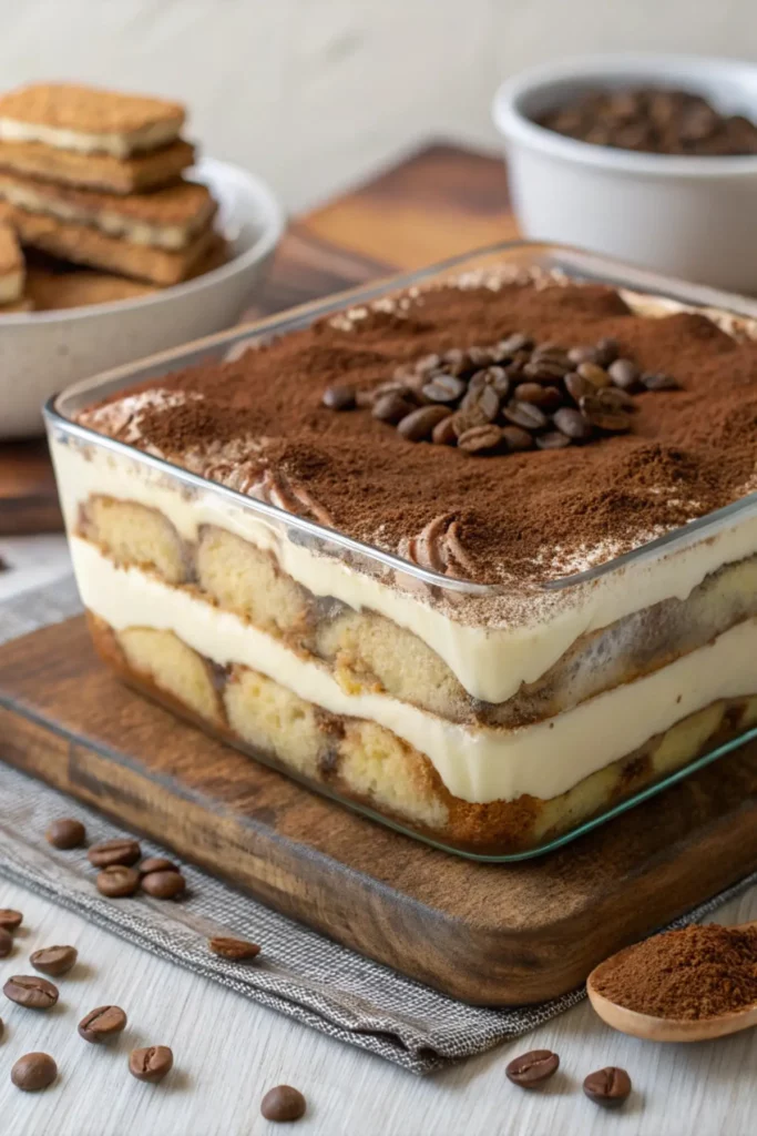 Fresh ingredients for Traditional Italian Tiramisu: ladyfingers, mascarpone cheese, eggs, espresso, cocoa powder, and sugar arranged on a wooden table.