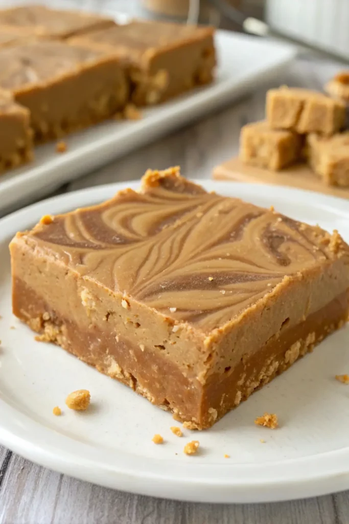 Sliced peanut butter fudge pieces arranged on a festive plate with holiday decorations.