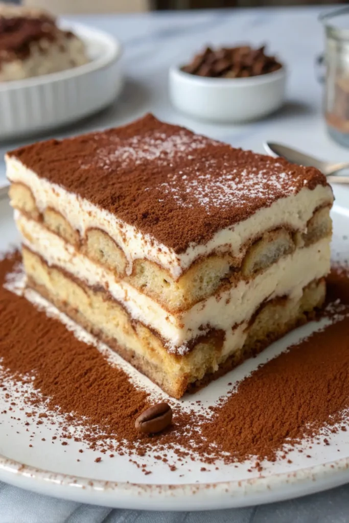 Elegantly plated Traditional Italian Tiramisu with a dusting of cocoa and coffee beans as garnish.