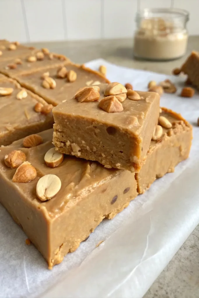 Creamy homemade peanut butter fudge with a rich, smooth texture on a marble slab.