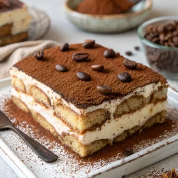A creamy slice of Traditional Italian Tiramisu with layers of coffee-soaked ladyfingers and mascarpone, dusted with cocoa powder.