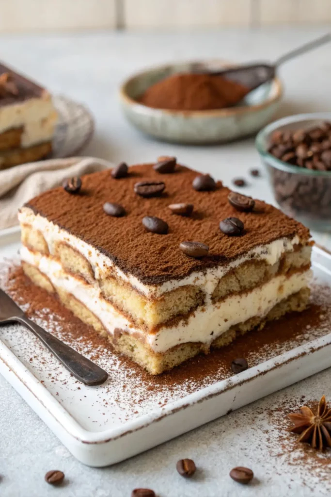 A creamy slice of Traditional Italian Tiramisu with layers of coffee-soaked ladyfingers and mascarpone, dusted with cocoa powder.