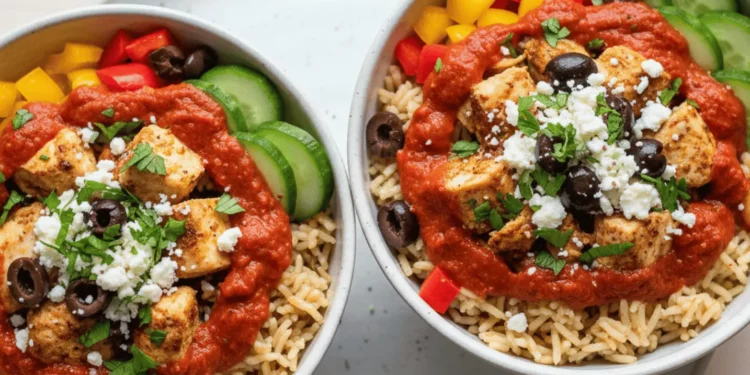 Mediterranean Rice Bowls with Red Pepper Sauce